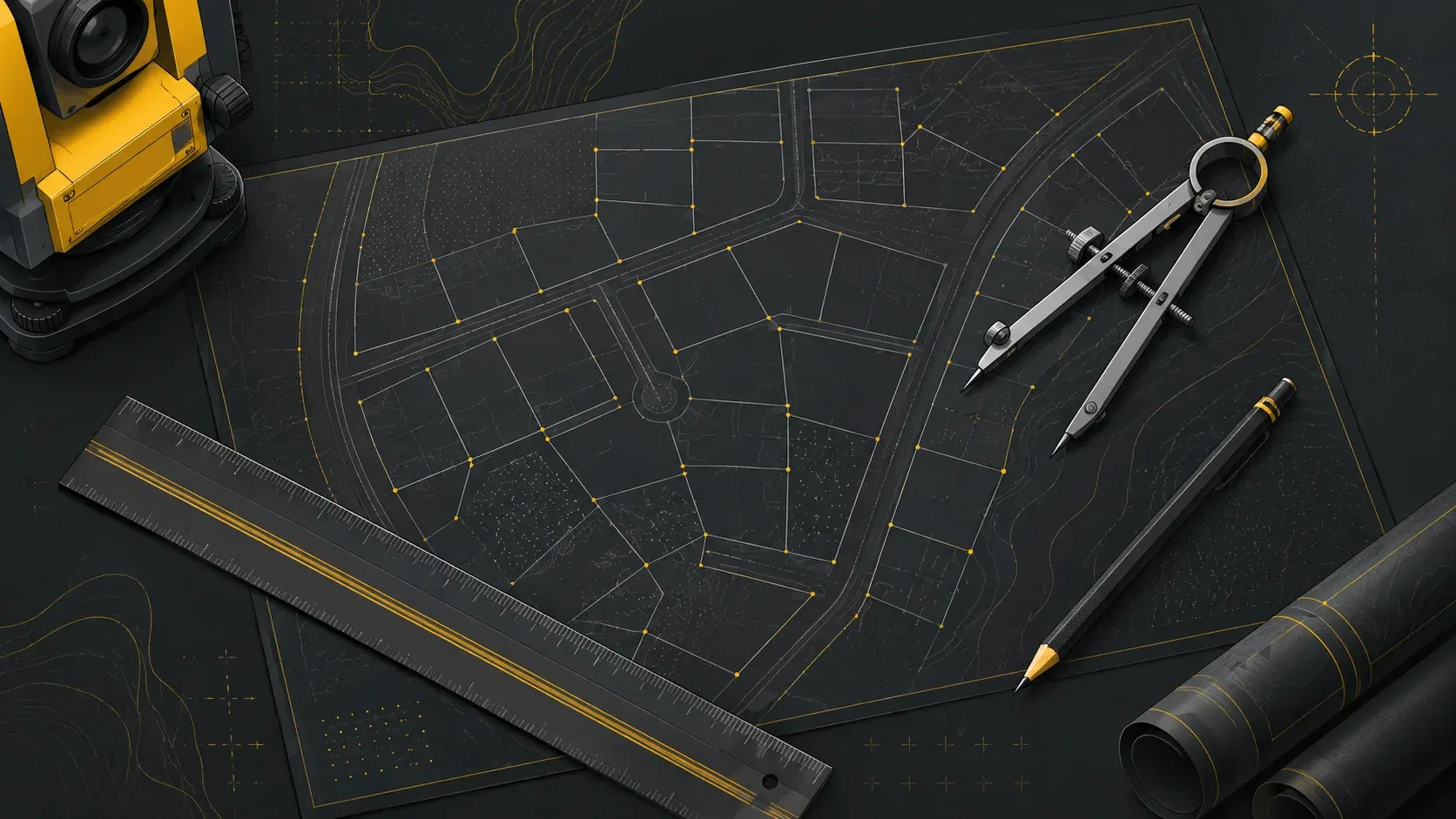 أدوات رسم وقياس على مخطط هندسي